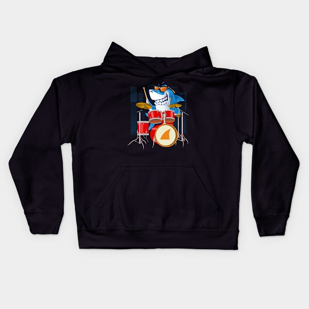 Shark Playing Drums Drum Set Funny Drummer Kids Hoodie by FogHaland86